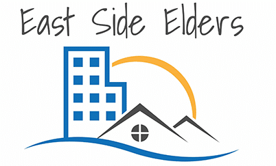 East Side Elders logo features a blue apartment building, house, sun, water and the text: East Side Elders