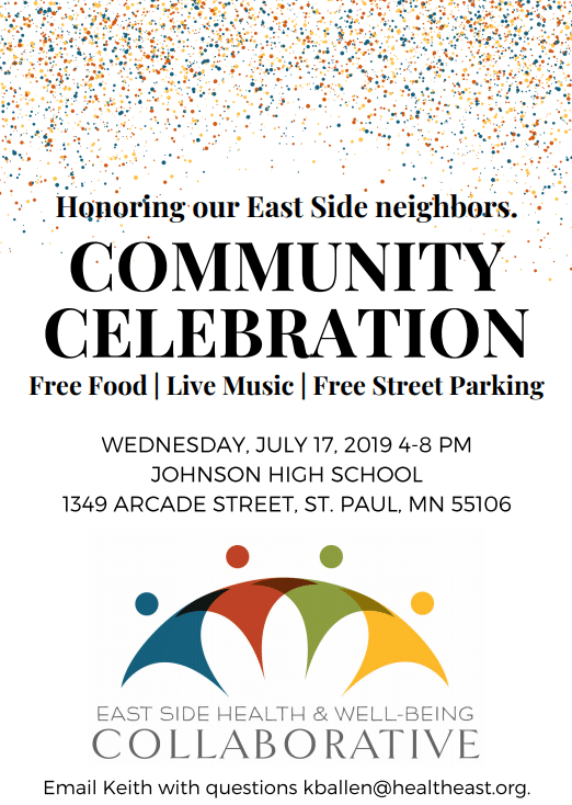 Flyer for the East Side Community Celebration. Logo features four illustrations: blue red, green, yellow. Event details are in the post.