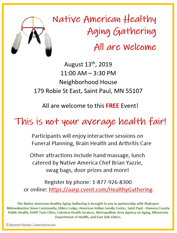 Native American Healthy Aging Gathering. Image of medicine wheel with feathers. Event details in the post