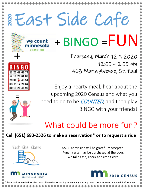 Flyer for the March 12th Elder Cafe. Bingo and info about the census. Details can be found in the body of the post.