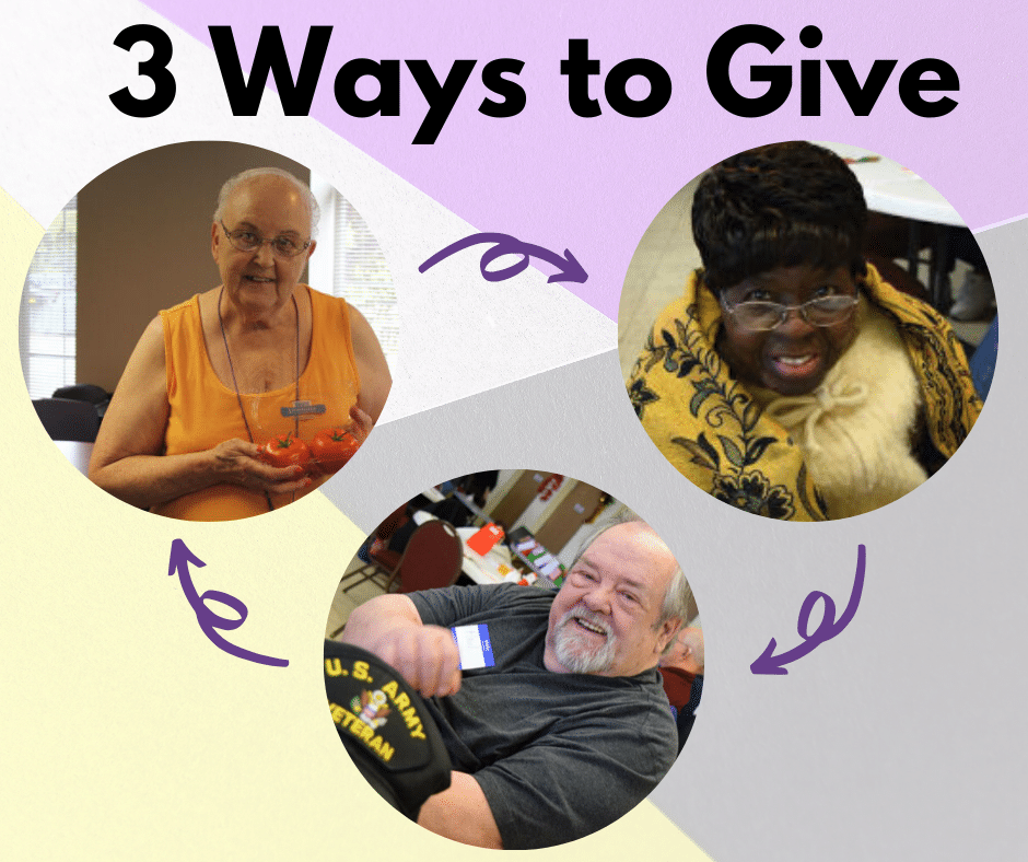 3 images of seniors on a colorful background. Text reads: 3 Ways to Give