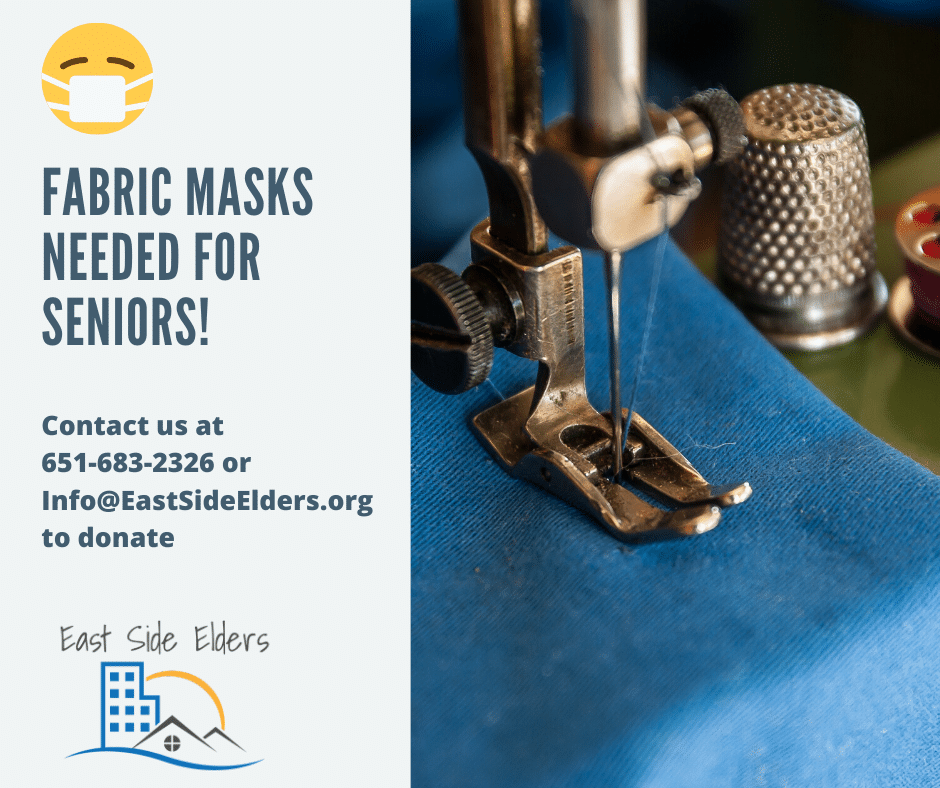 Image of a sewing machine and blue fabric. Plea for volunteers to make masks for seniors