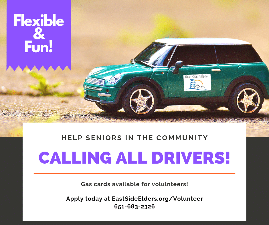 Flyer calling for volunteer drivers, features a small green car.