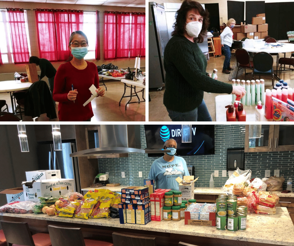 Collage of 3 images of masked volunteers helping with food distribution. 