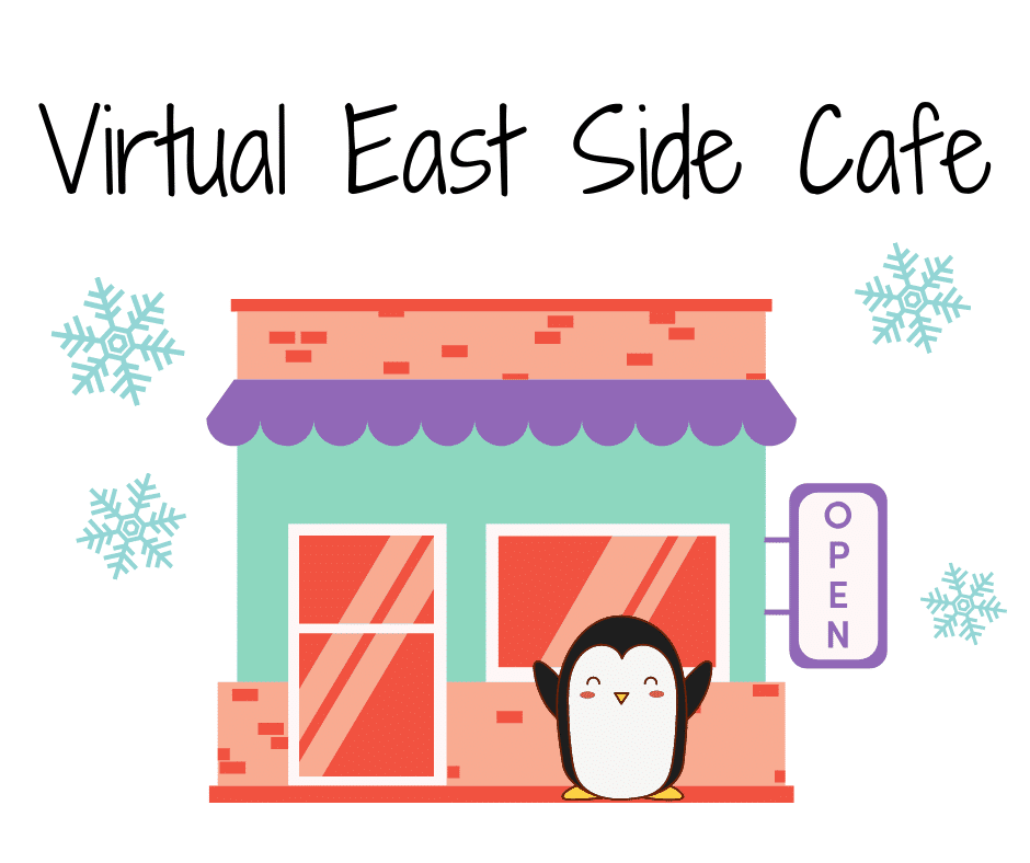 image of a colorful cafe with a penguin and snowflakes outside
