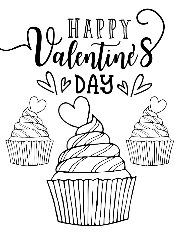 Valentine's Day coloring page featuring cupcakes topped with hearts.