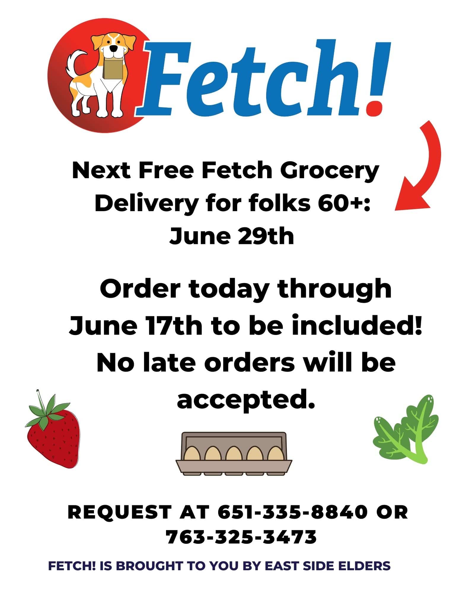Flier for free groceries for seniors on June 29th. Fetch logo includes a yellow and white dog on a red background, holding a paper bag. For more information about Fetch, call East Side Elders at 763-325-3473.  Flier also includes illustrative images of a strawberry, eggs, and leafy greens. 