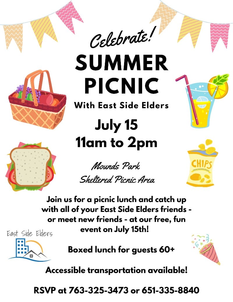 Flier for the July 15th summer picnic at Mounds Park Picnic Area from 11am to 2pm. RSVP at 763-325-3473. Flier features colorful bunting, and illustrative images of a picnic basket, sandwich, lemonade, chips, and a party horn.