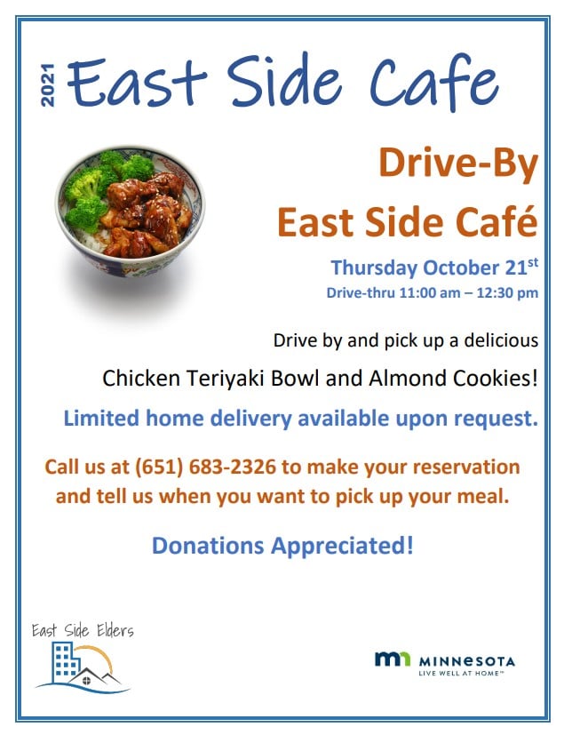 East Side Cafe flyer features a photo of a chicken and veggie bowl. Details are included in the body of the post.