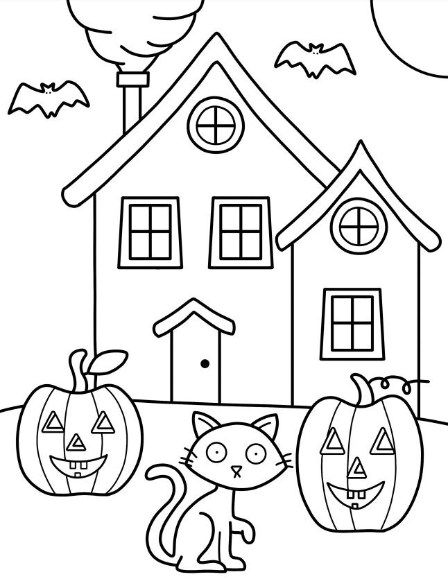 Coloring book page features a house, carved pumpkins, and a cat. 