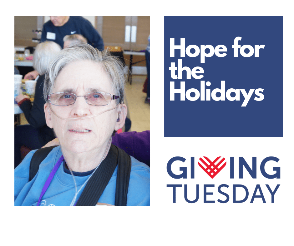Image of an older woman with short hair. Text box: Hope for the Holidays. Text: Giving Tuesday