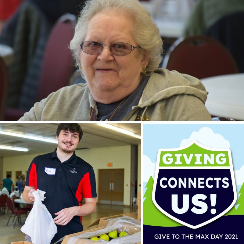 Collage of images: an older woman smiling, a volunteer packing groceries, a sign that reads "giving connects us"