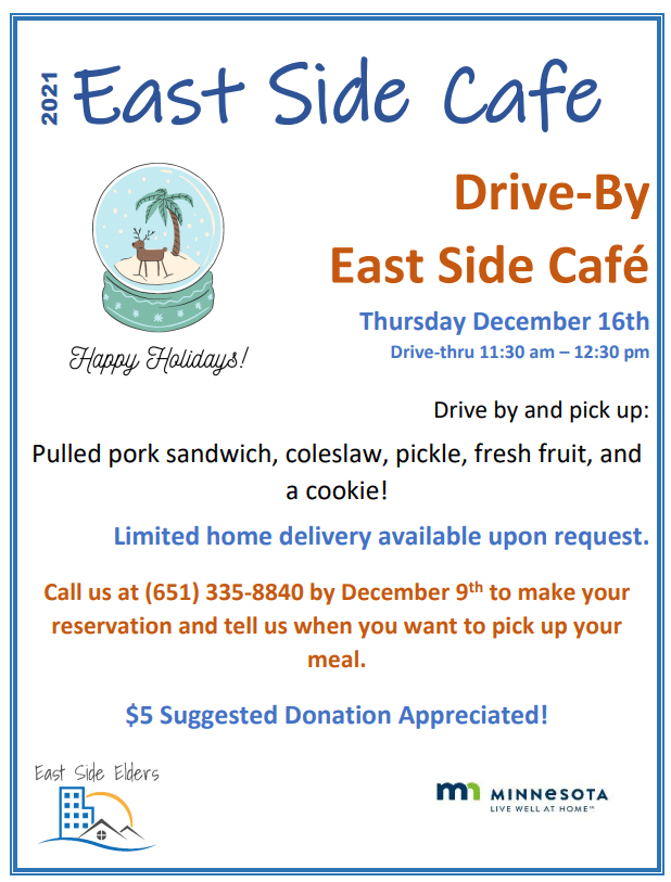 Flier for the December 16th East Side Café. Illustrative image of a snowglobe filled with a palm tree and a reindeer.