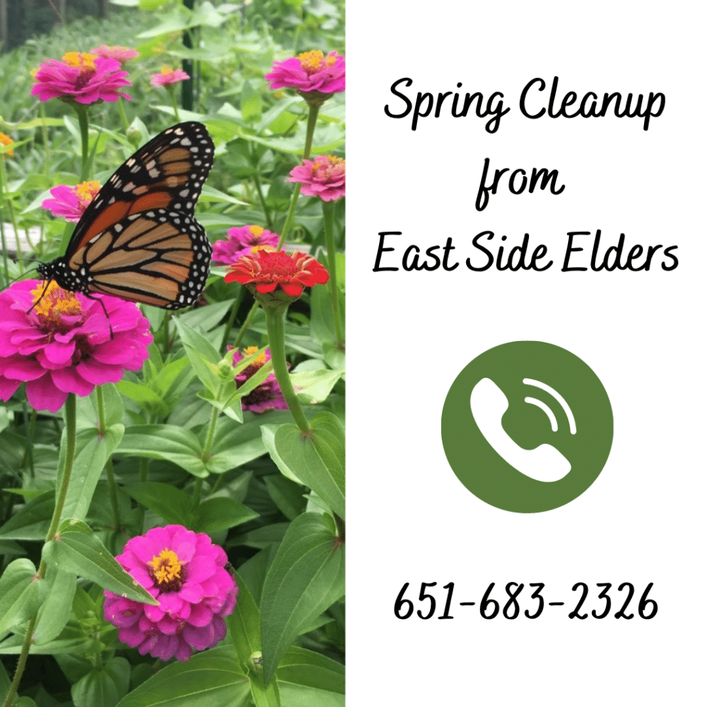 Image features a photograph of a monarch butterfly in a field of pink flowers. Text: Spring cleanup from East Side Elders. 651-683-2326. Also includes a telephone icon in dark green.