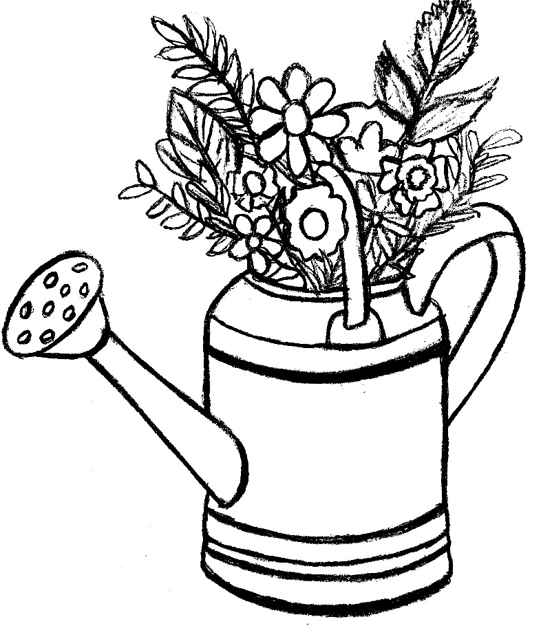 Coloring book page featuring a watering can full of flowers and foliage. 