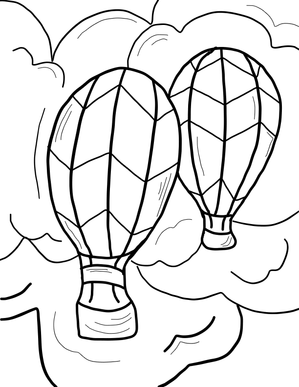 Coloring book page features two hot air balloons
